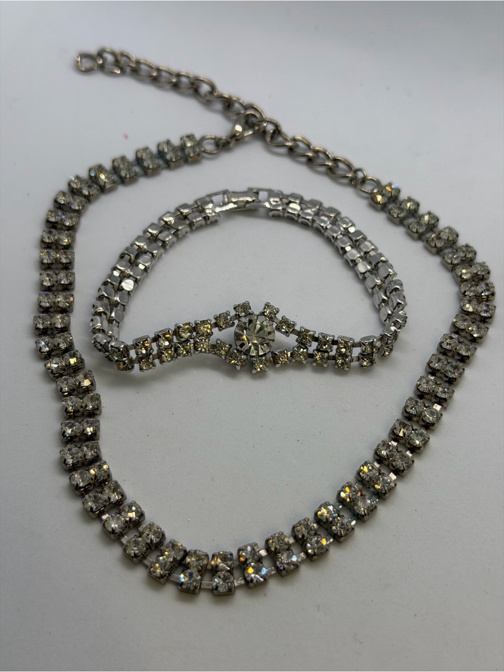 Crystal Tennis Necklace and Bracelet Set - Silver Rhinestone Jewelry